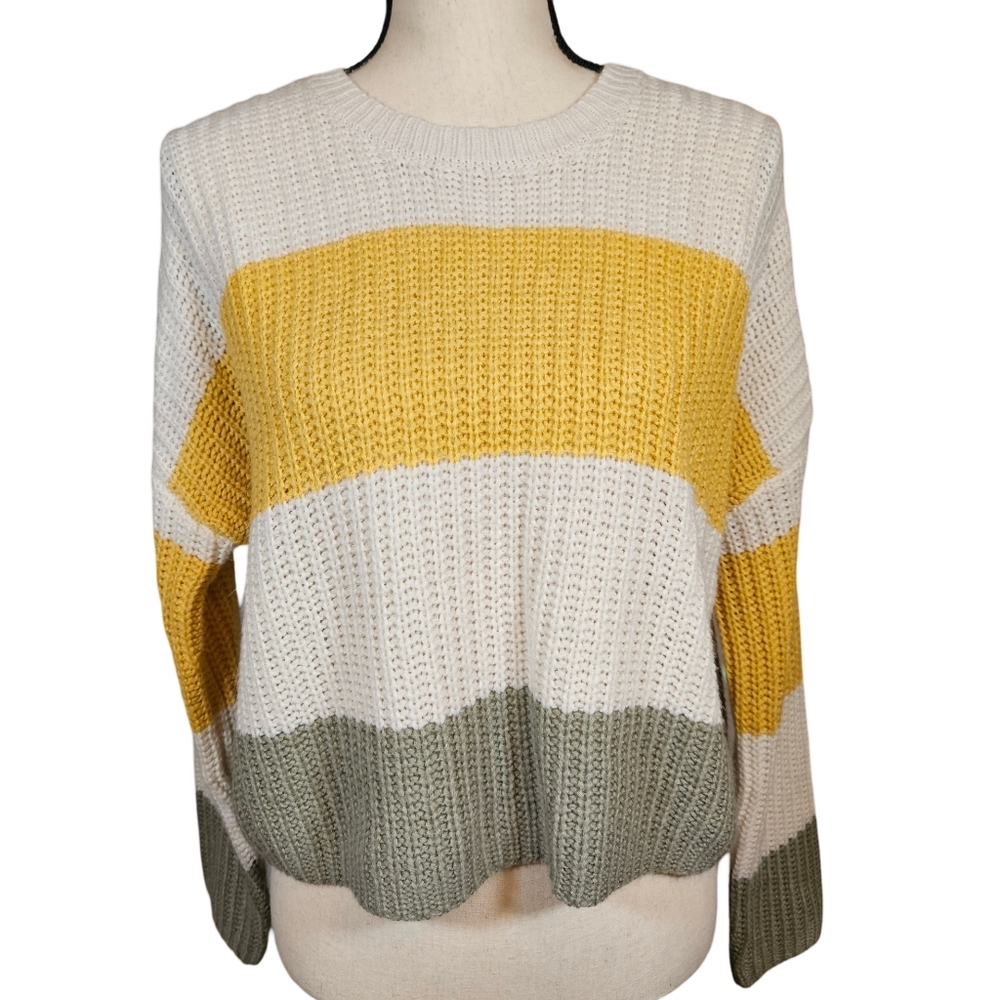 Moon&Madison Large Knit Sweater, Stripes, Ivory/Yellow/Green, Small